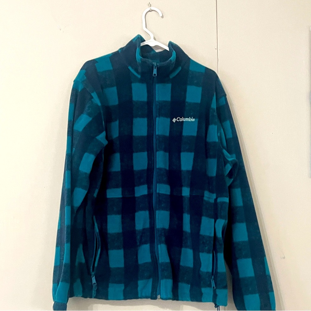 Columbia Teal and Black Checkered Fleece Jacket